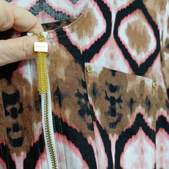 Ellen Tracy Linen Tunic Top Ikat Print Zipper Detail Size Small - Picture 3 of 11